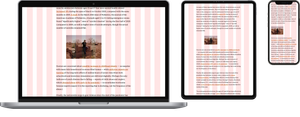 A laptop, tablet and smartphone, each displaying an indented image on an article layout grid