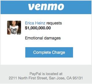 Screenshot of a Venmo email requesting $1,000,000 for emotional damages.