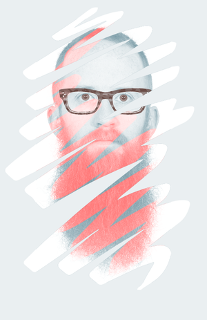 Headshot with color scheme: pale blue, royal blue, bright pink