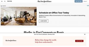 A screenshot of a Times article in a browser window. At the top and bottom, taking up the vast majority of the screen, are enormous ads. In the middle, only a sliver of the first line of the article’s headline is visible.
