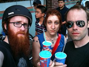 @robweychert, @jyllish, and @iamrumz pose triumphantly with free Mountain Dew Blue Shock Slurpees.