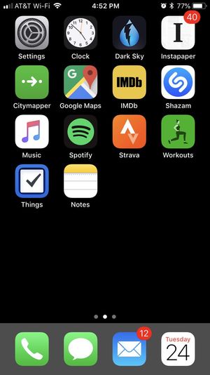 iOS home screen apps: Phone, Text, Mail, Calendar, Settings, Clock, Dark Sky, Instapaper, Citymapper, Google Maps, IMDb, Shazam, Music, Spotify, Strava, Workouts, Things, Notes