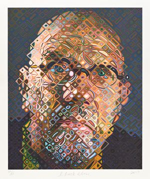 A colorful mosaic of a bespectacled man’s face