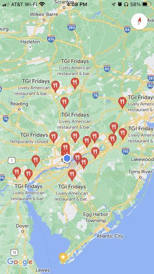 Screenshot of Google Maps with many T.G.I.Friday’s restaurants highlighted