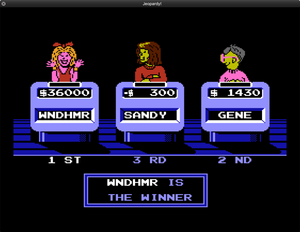 Screenshot of the NES version of Jeopardy, declaring the player WNDHMR the winner with a total of $36,000.