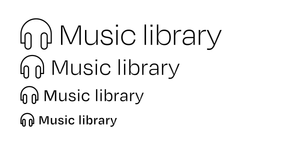 A headphones icon shown with the text “Music library” at several sizes