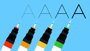 An illustration of technical pens of different thicknesses drawing the letter A