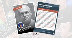 A trading card showing that Andrew Puzder has withdrawn from the nomination for Secretary of Labor.