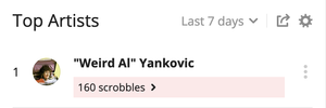 A screenshot of my Last.fm Top Artists of the last seven days, showing 160 “Weird Al” Yankovic scrobbles