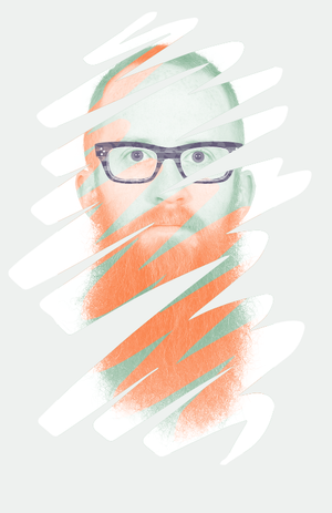 Headshot with color scheme: pale green, turquoise, bright orange