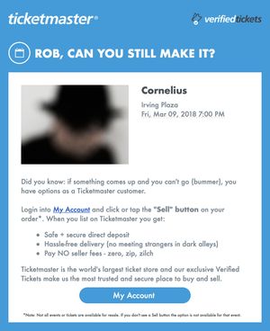Screenshot of an email from Ticketmaster with options for reselling tickets I bought from them.