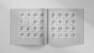 A square format zine spread. Each page has a 4×4 grid of scribbled lines.