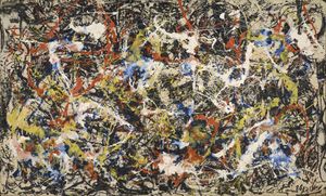 An abstract painting with interwoven drips of black, white, red, yellow, and blue paint