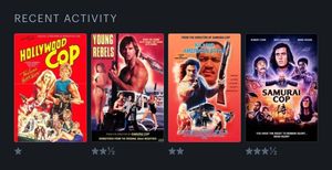 Screenshot of my recent activity on Letterboxd: Hollywood Cop (★), Young Rebels (★★½), Killing American Style (★★), and Samurai Cop s (★★★½).
