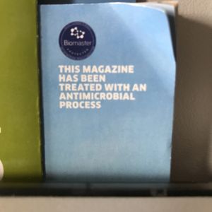 Disclaimer on an airline magazine cover: “THIS MAGAZINE HAS BEEN TREATED WITH AN ANTIMICROBIAL PROCESS”