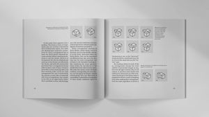 A magazine spread from Plus Equals #4, featuring illustrations of various blocks rendered in different combinations in isometric projection. The full issue can be read online at https://plusequals.art/04/