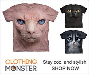A banner ad for t-shirts with large, disturbing animal faces. “CLOTHING MONSTER. Stay cool and stylish. SHOP NOW.”