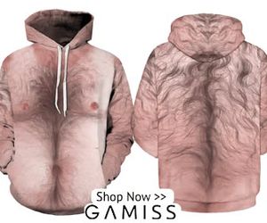 A hoodie that looks like the body of a very hairy fat man