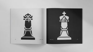 A magazine spread from Plus Equals #5, featuring illustrations of merged chess pieces: a bishop/queen and a bishop/king. The full issue can be read online at https://plusequals.art/05/