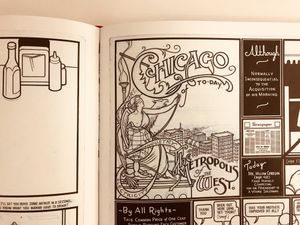 Interior spread from Chris Ware’s enormous new book, “Monograph,” showing a closeup of inked panels of Jimmy Corrigan comic with ornate lettering.