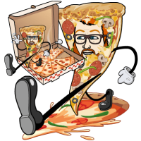 Bitmoji cartoon of myself as a slice of pizza, holding a box of pizza, with another Bitmoji cartoon of myself as a slice of pizza emerging from that box of pizza.