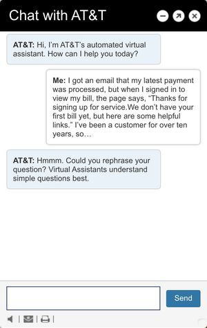 A screenshot of an unhelpful exchange I had with AT&T’s automated virtual assistant.