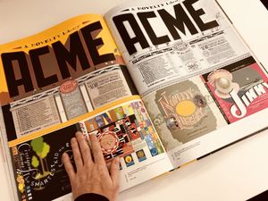 Interior spread from Chris Ware’s enormous new book, “Monograph,” showing various Acme Novelty Library covers.