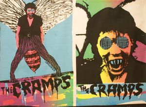 A grainy, scratchy photo/illustration collage of a man with sharp teeth and the wings and eyes of a housefly. The illustration is in black ink on top of a wash of bright, saturated colors. At the bottom, in scrawled, dripping letters: “THE CRAMPS”.
