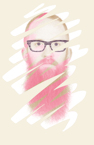 Headshot with color scheme: cream, pale purple, bright pink