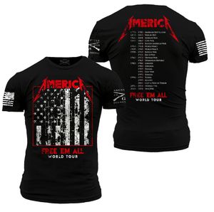 T-shirt front: “America [stylized like the Metallica logo]: Free ’Em All” with a distressed image of the American flag. T-shirt back: “World Tour: American Revolution, War of 1812, Mexican War, Civil War, Spanish American War, World War I, World War II, Korean War, Bay of Pigs, Vietnma War, Dominican Republic, Lebanon, Grenada, Panama, Gulf War, Somalia, Bosnia, Kosovo, Global War on Terror, Afghanistan, Iraq War”.