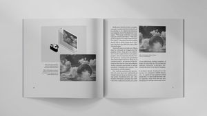 A magazine spread from Plus Equals #2, featuring illustrations of an image of a cloud being converted to halftone dots and bitmap pixels. The full issue can be read online at https://plusequals.art/02/