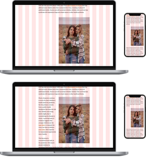 Two sets of a laptop and smartphone. The first shows an image with article text above and below it. The second shows the same image with article text wrapping around it.