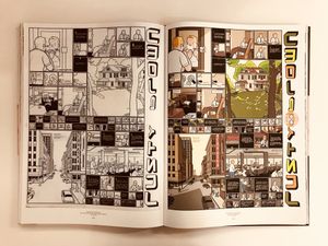 Interior spread from Chris Ware’s enormous new book, “Monograph,” showing inked and final color versions of a Rusty Brown comic.