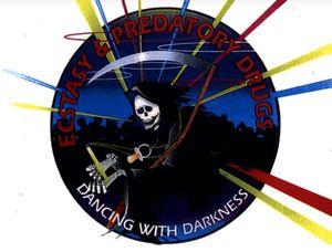 The Ecstasy and Predatory Drugs patch shows the Grim Reaper dancing at a rave, wearing a pacifier and holding a glow stick. The tagline is “Dancing with darkness.”