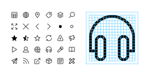A set of interface icons, with an icon of headphones enlarged to show the grid it’s based on