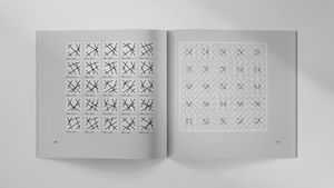 A magazine spread from Plus Equals #3, featuring 25 compatible tile patterns made of diagonal lines. The full issue can be read online at https://plusequals.art/03/