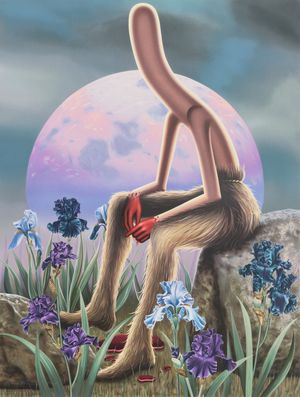 An anthropomorphic broom with bloody hands sitting on a rock in a field of flowers in front of a full moon