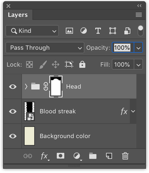 A Photoshop layers palette with the following layer names: Head, Blood streak, Background color