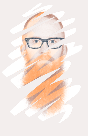 Headshot with color scheme: eggshell, pale red, bright orange