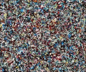 An abstract painting with small dabs of color applied haphazardly but evenly across the canvas