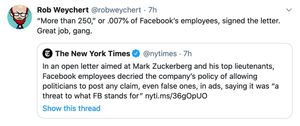 Screenshot of my now deleted commentary on a @nytimes tweet about an open letter from Facebook employees decrying the leadership’s decision to allow political ads with misinformation: “‘More than 250,’ or .007% of Facebook’s employees, signed the letter. Great job, gang.”